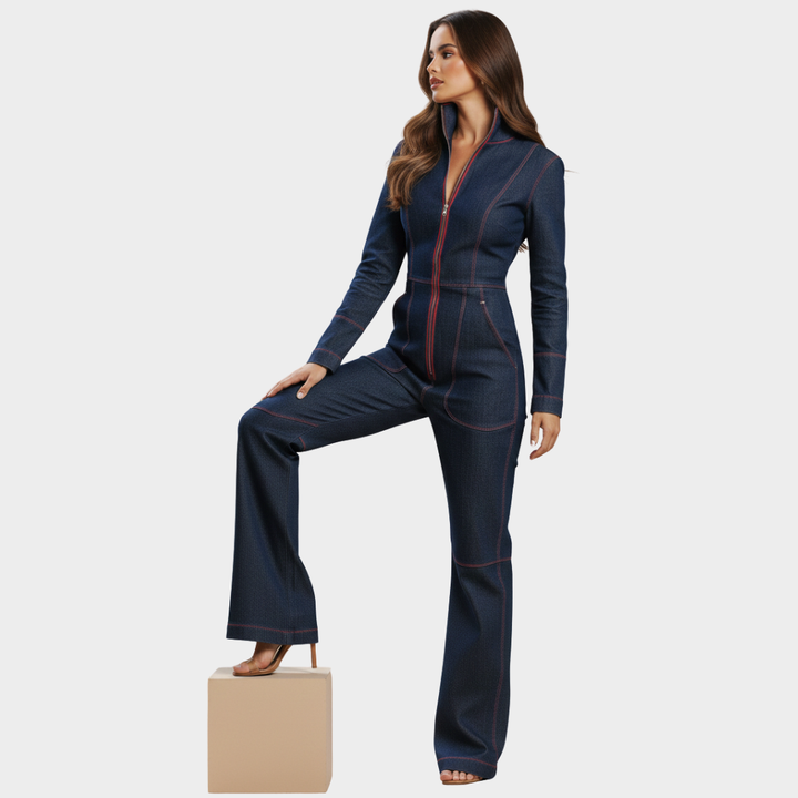 Women's Denim Zip-Front Wide-Leg Jumpsuit