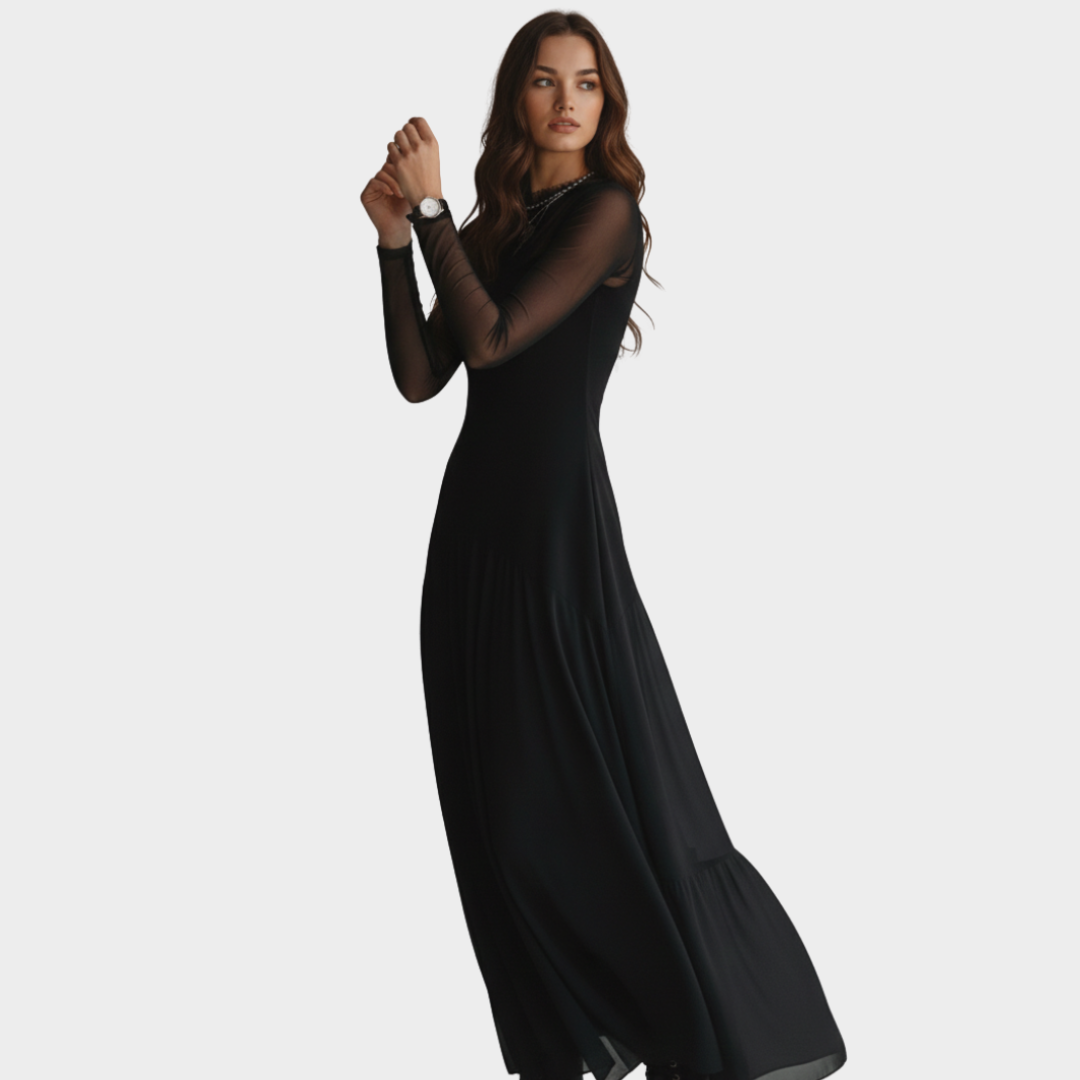 Maxi Dress Black Long Sleeve Sheer Mesh
