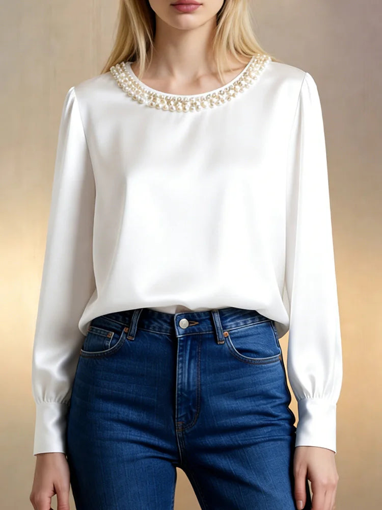 Women’s Satin Blouse Pearl Trim Long Sleeve