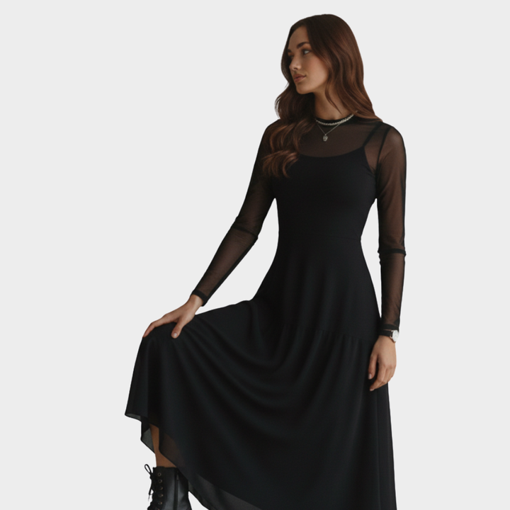 Maxi Dress Black Long Sleeve Sheer Mesh