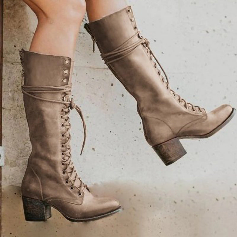 Women's Knee-High Lace-Up Boots with Block Heel