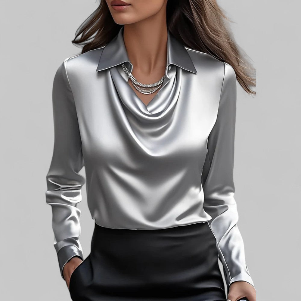 Women's Long Sleeve Satin Blouse with Draped Neck