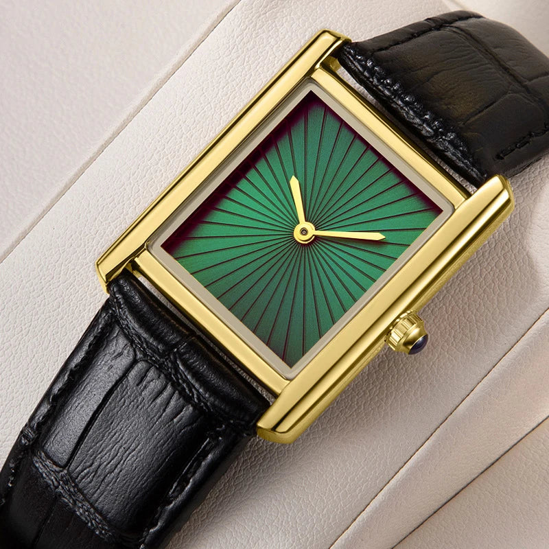 Square Sunray Dial Quartz Watch Leather Strap