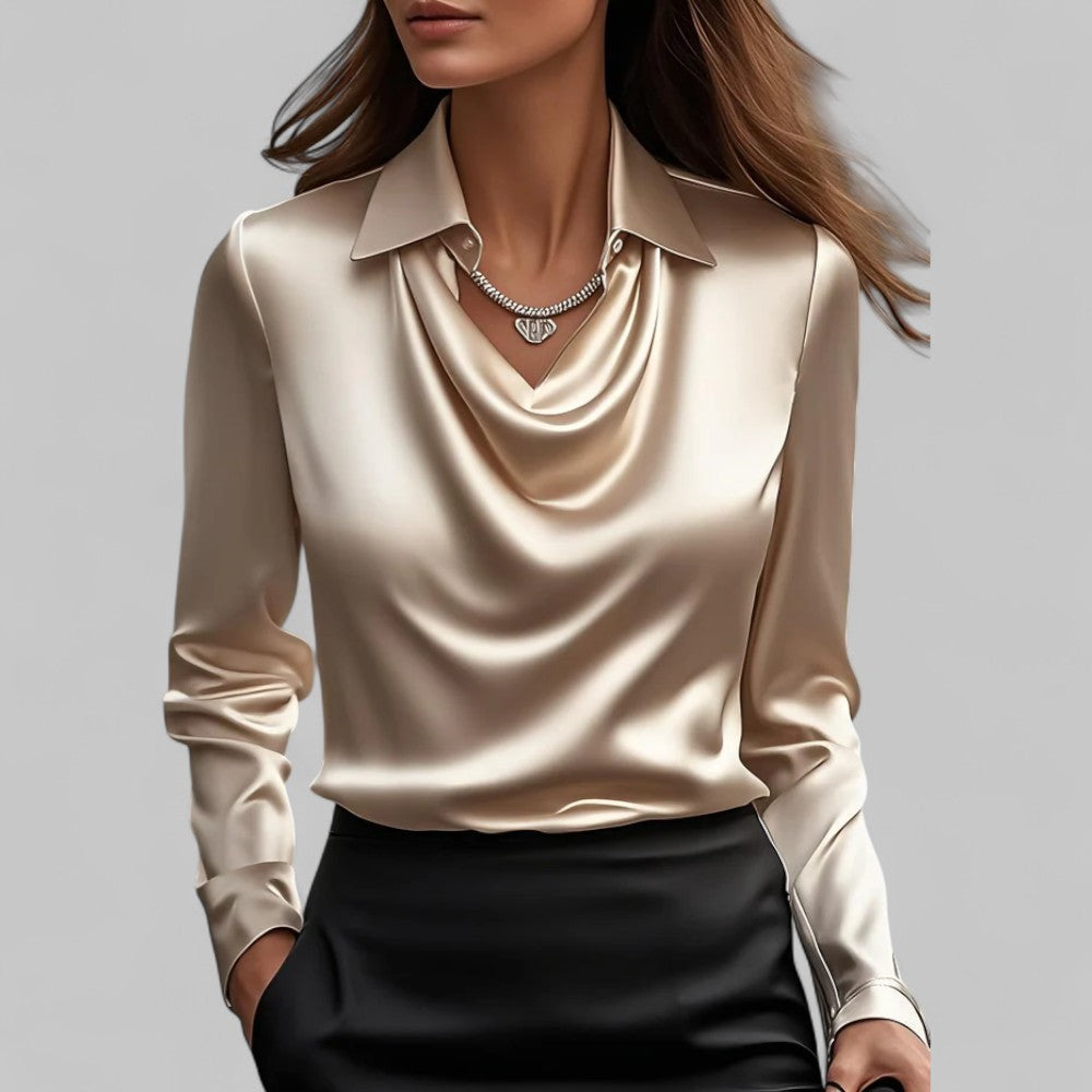 Women's Long Sleeve Satin Blouse with Draped Neck