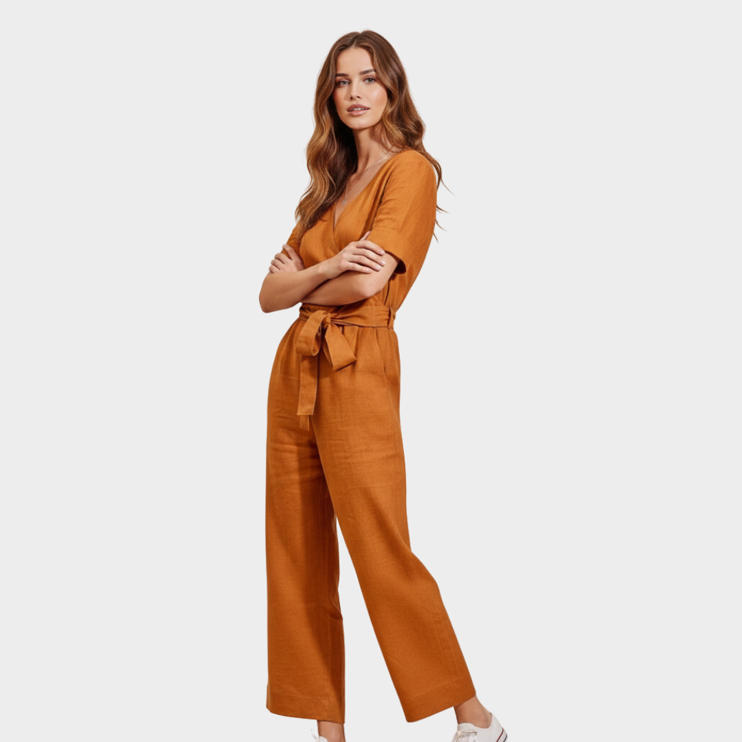 Women's Linen-Blend Wide-Leg Wrap Jumpsuit