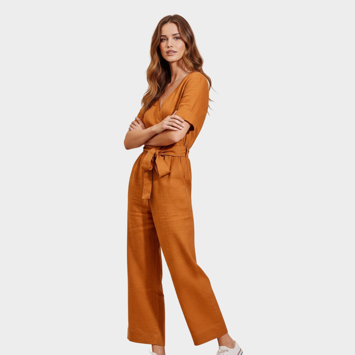 Women's Linen-Blend Wide-Leg Wrap Jumpsuit
