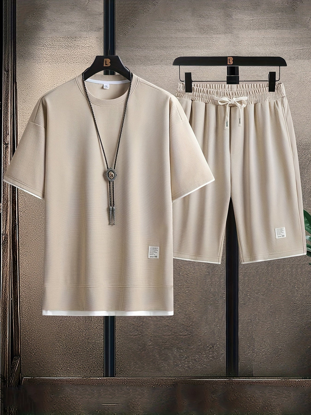 Lounge Set Men Waffle Knit Relaxed Fit Short Sleeve Tee Shorts