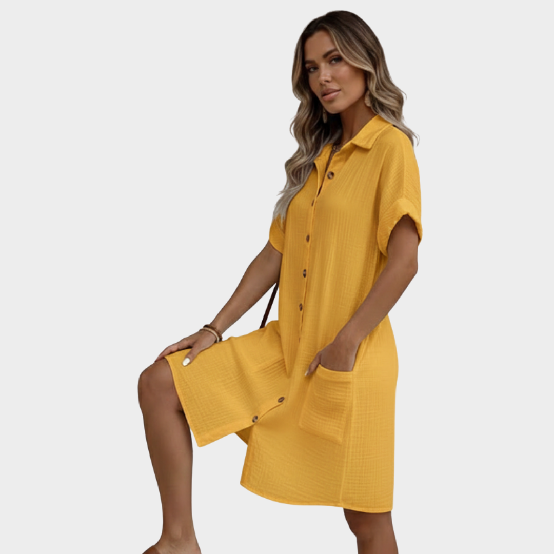 Shirt Dress White Button Front Short Sleeve Knee Length