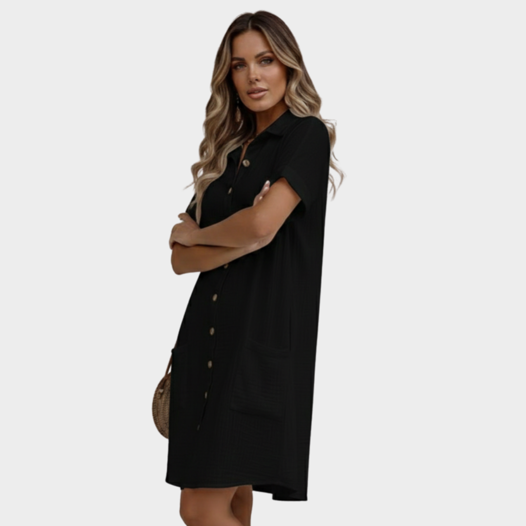 Shirt Dress White Button Front Short Sleeve Knee Length