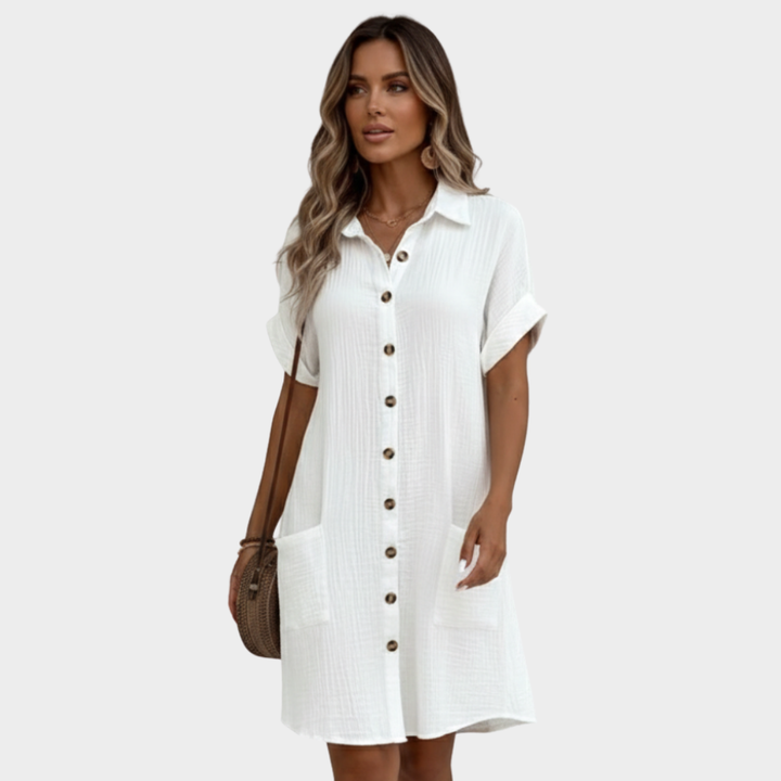 Shirt Dress White Button Front Short Sleeve Knee Length