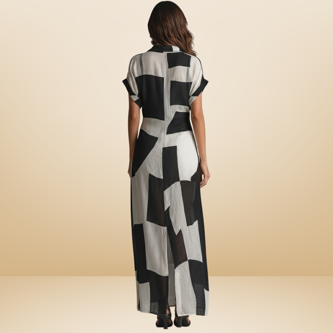 Maxi Dress Black and White Geometric Button Front Short Sleeve