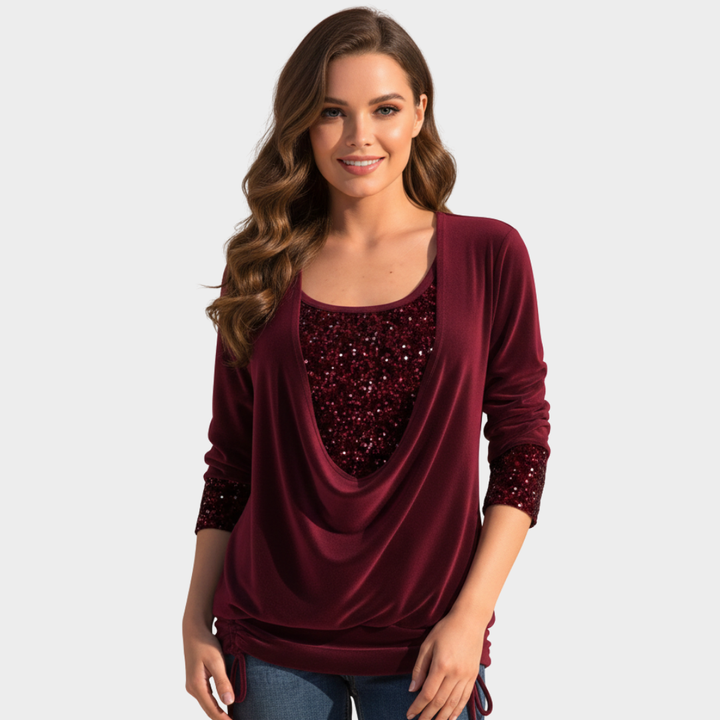 Women’s Sequin Cowl Neck Long Sleeve Top Burgundy