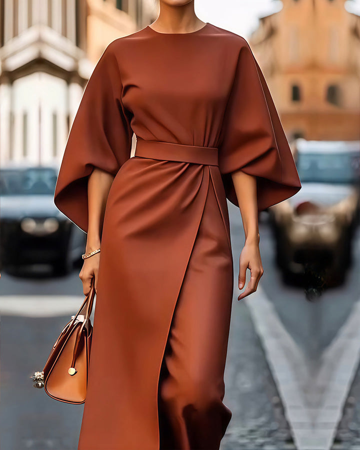 Women's Elegant Dress with Lantern Sleeves and Belt