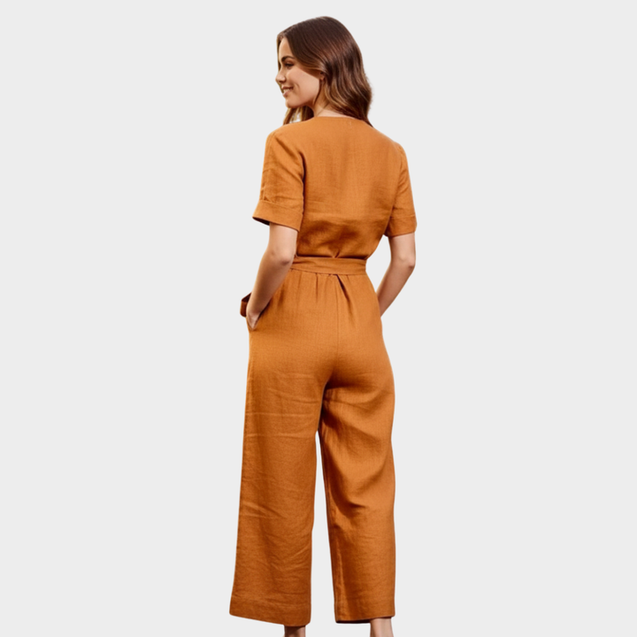 Women's Linen-Blend Wide-Leg Wrap Jumpsuit