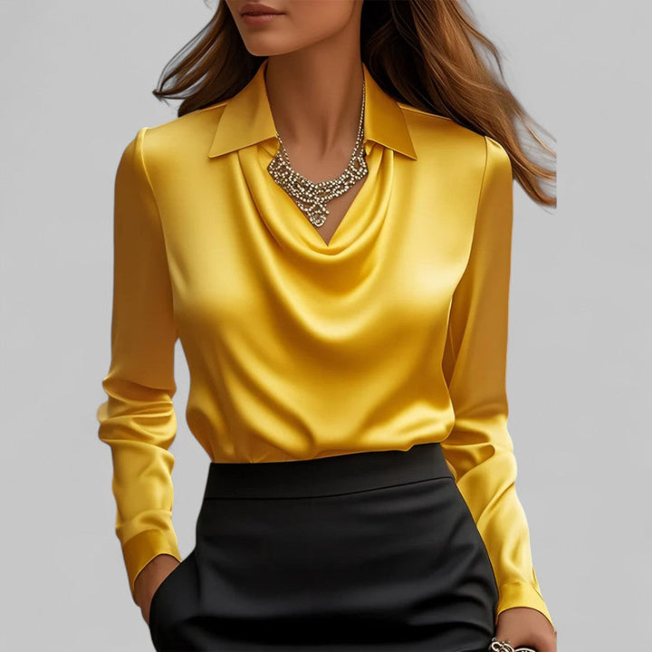 Women's Long Sleeve Satin Blouse with Draped Neck