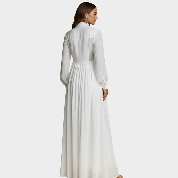 Maxi Dress White Chiffon Long Sleeve Button Front