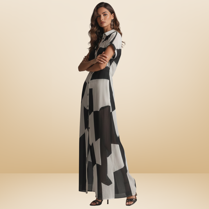 Maxi Dress Black and White Geometric Button Front Short Sleeve