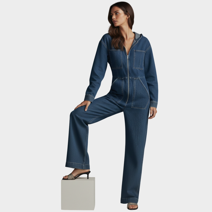 Women’s Hooded Denim Full-Zip Jumpsuit