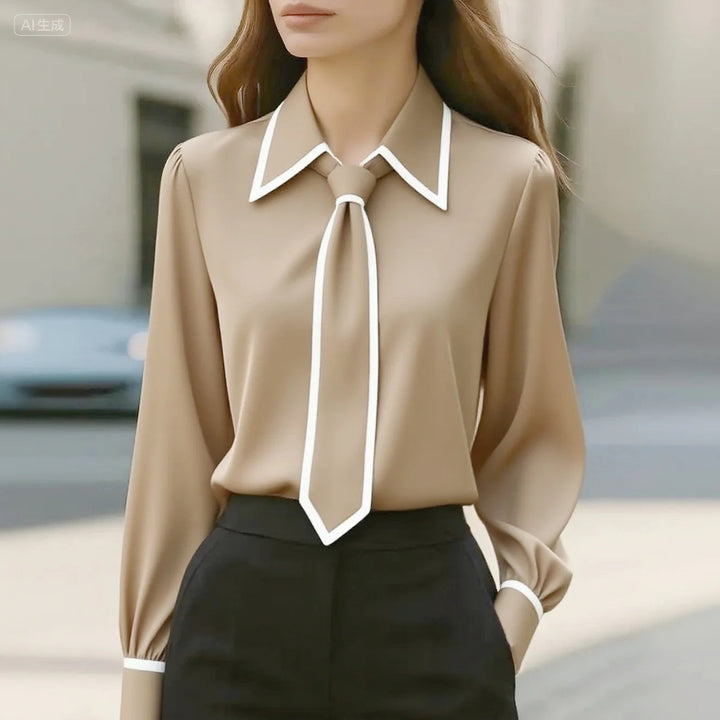tie blouse contrast trim long sleeve women