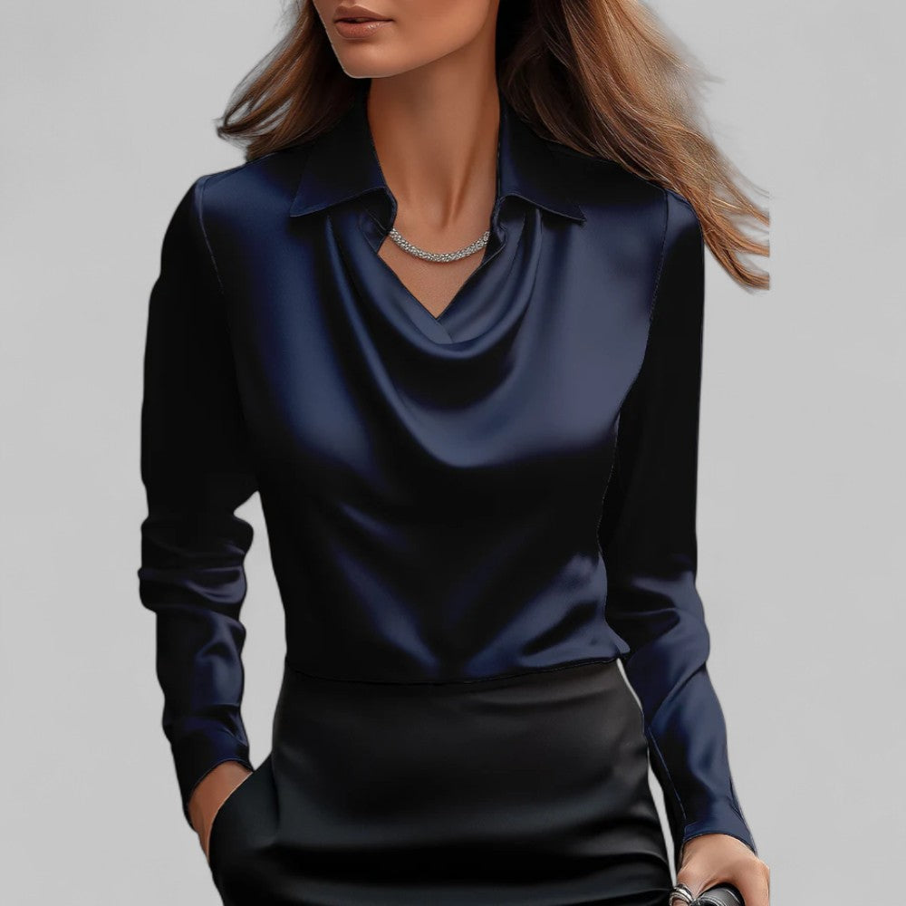 Women's Long Sleeve Satin Blouse with Draped Neck