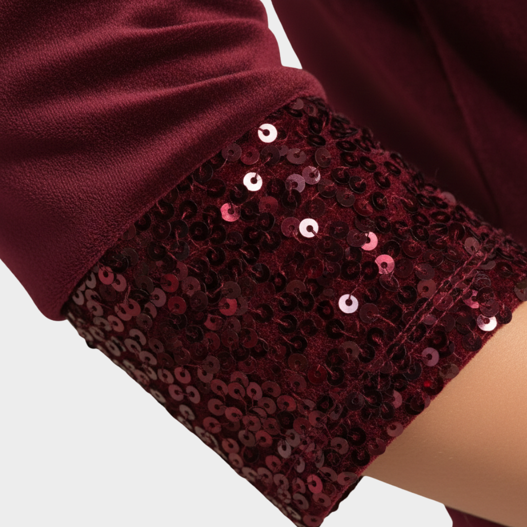 Women’s Sequin Cowl Neck Long Sleeve Top Burgundy
