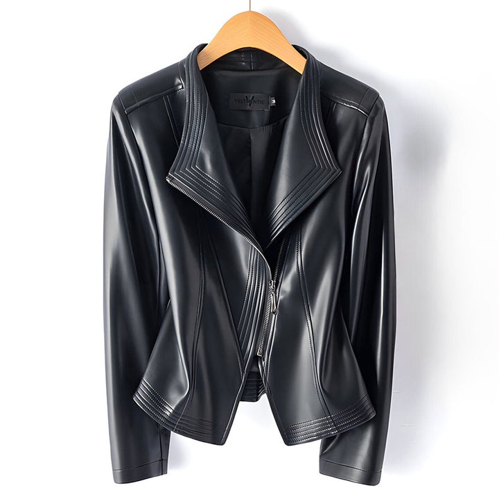 Women leather moto jacket asymmetric zip tailored fit