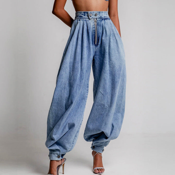 Women high waist denim balloon jeans tapered leg