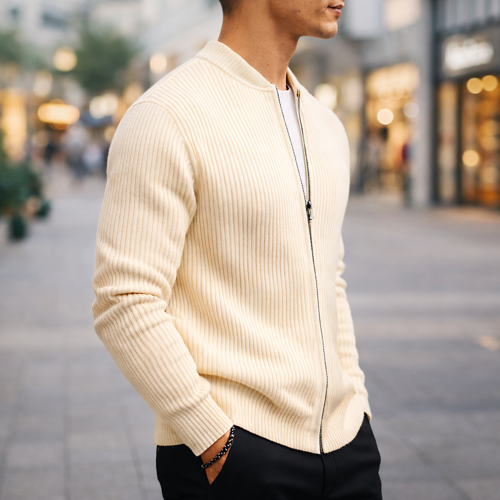 Men’s Wool Zip Up Cardigan Ribbed Collar