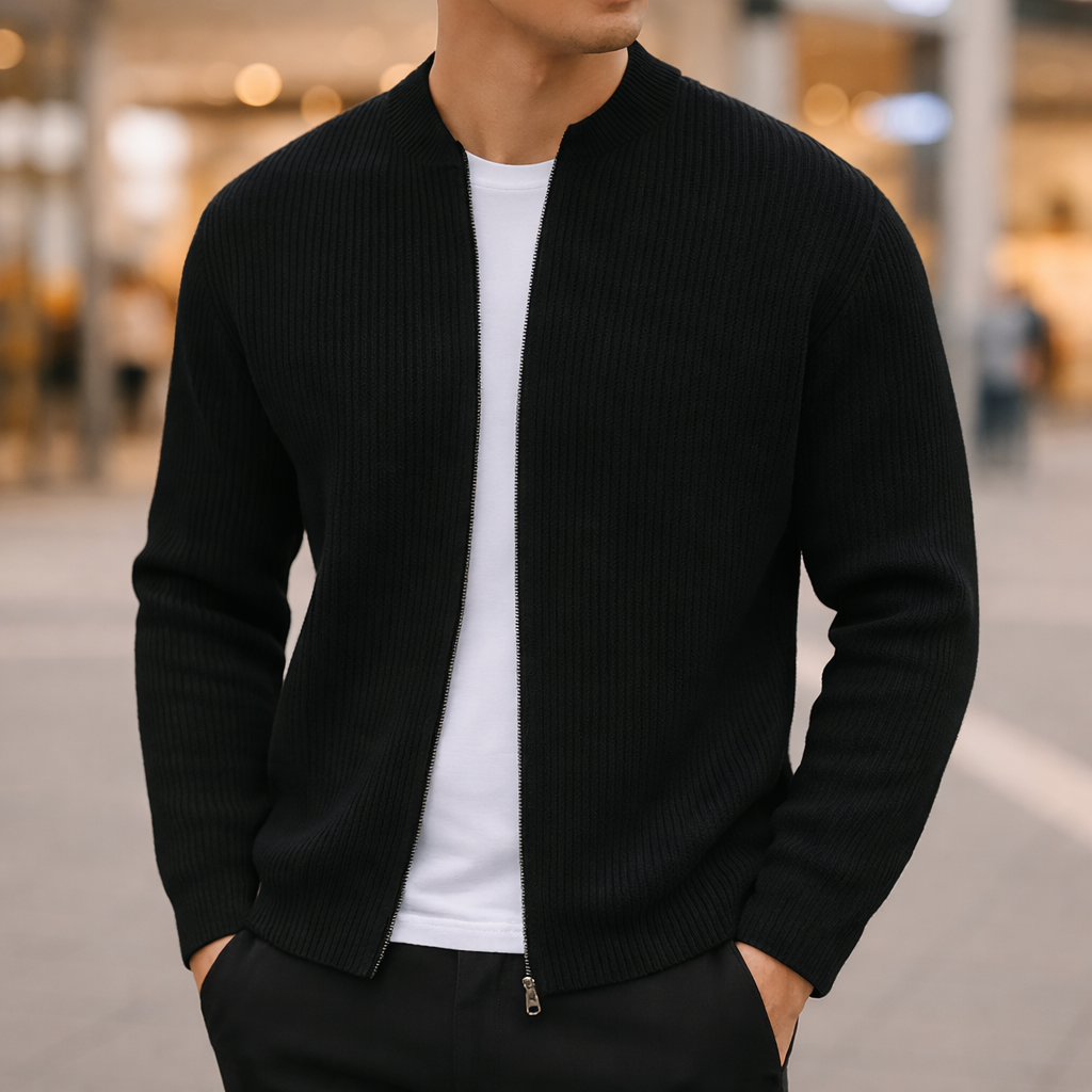 Men’s Wool Zip Up Cardigan Ribbed Collar