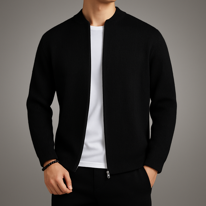 Men’s Wool Zip Up Cardigan Ribbed Collar