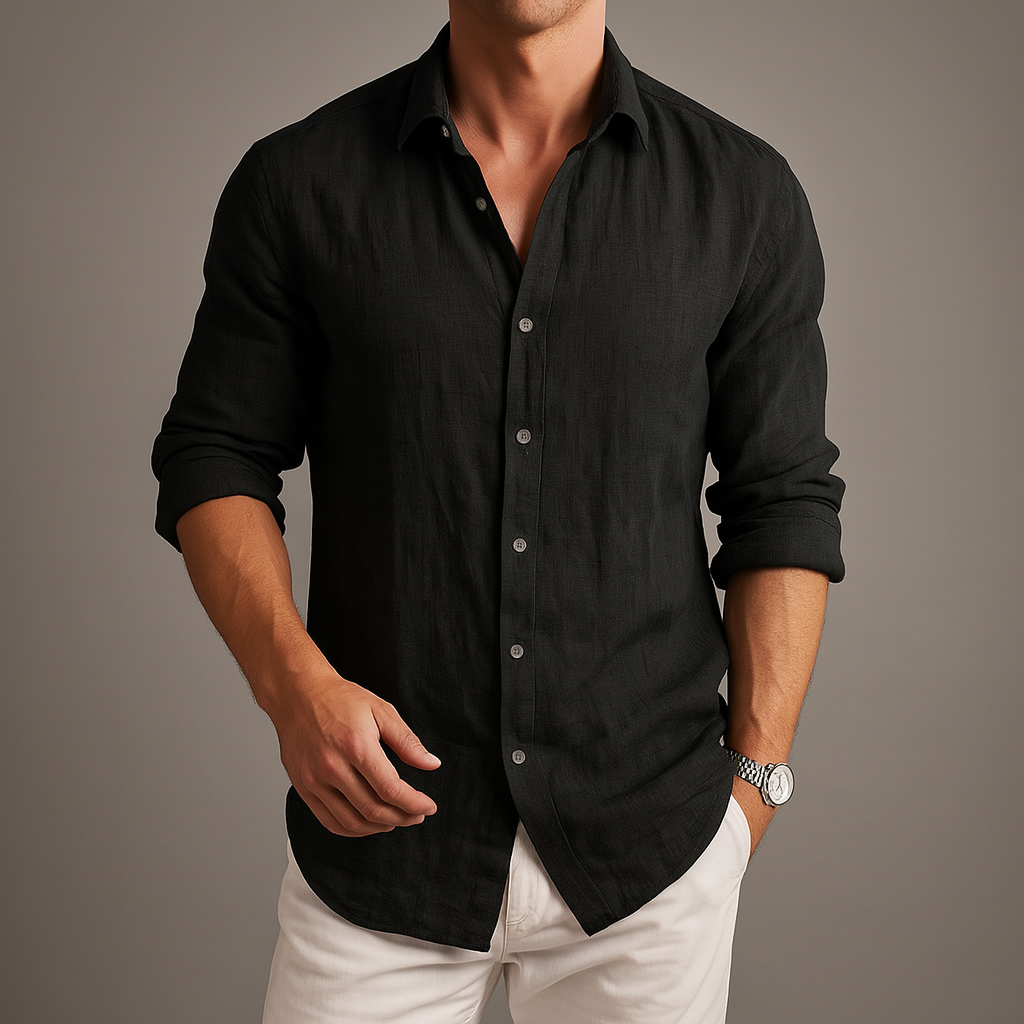 Men’s Linen Button-Up Shirt Lightweight Long Sleeve Summer