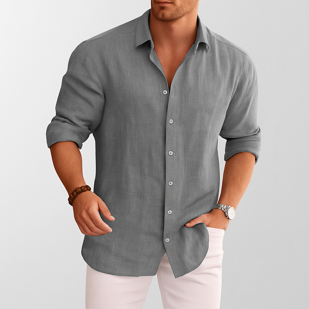 Men’s Linen Button-Up Shirt Lightweight Long Sleeve Summer