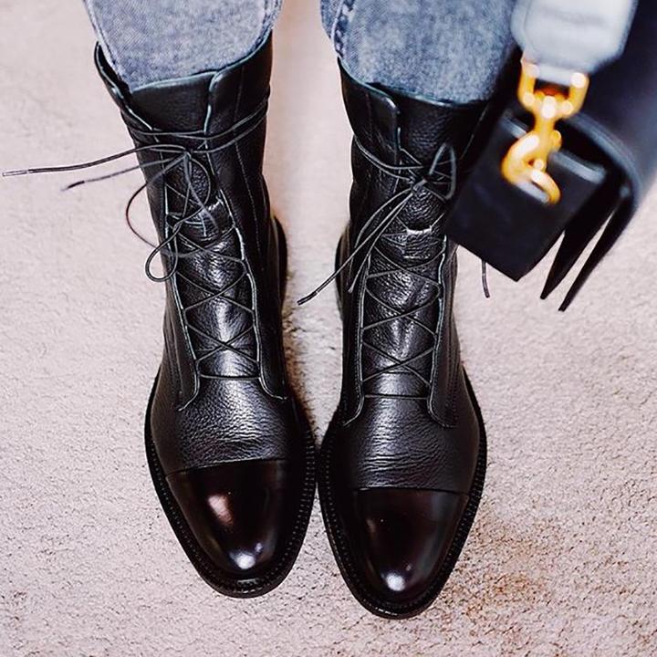 Women's Leather Ankle Boots with Lace-Up Design