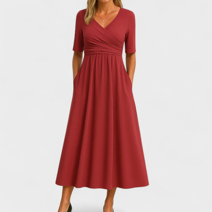 Women's Midi Dress with V-Neck, Chic Style