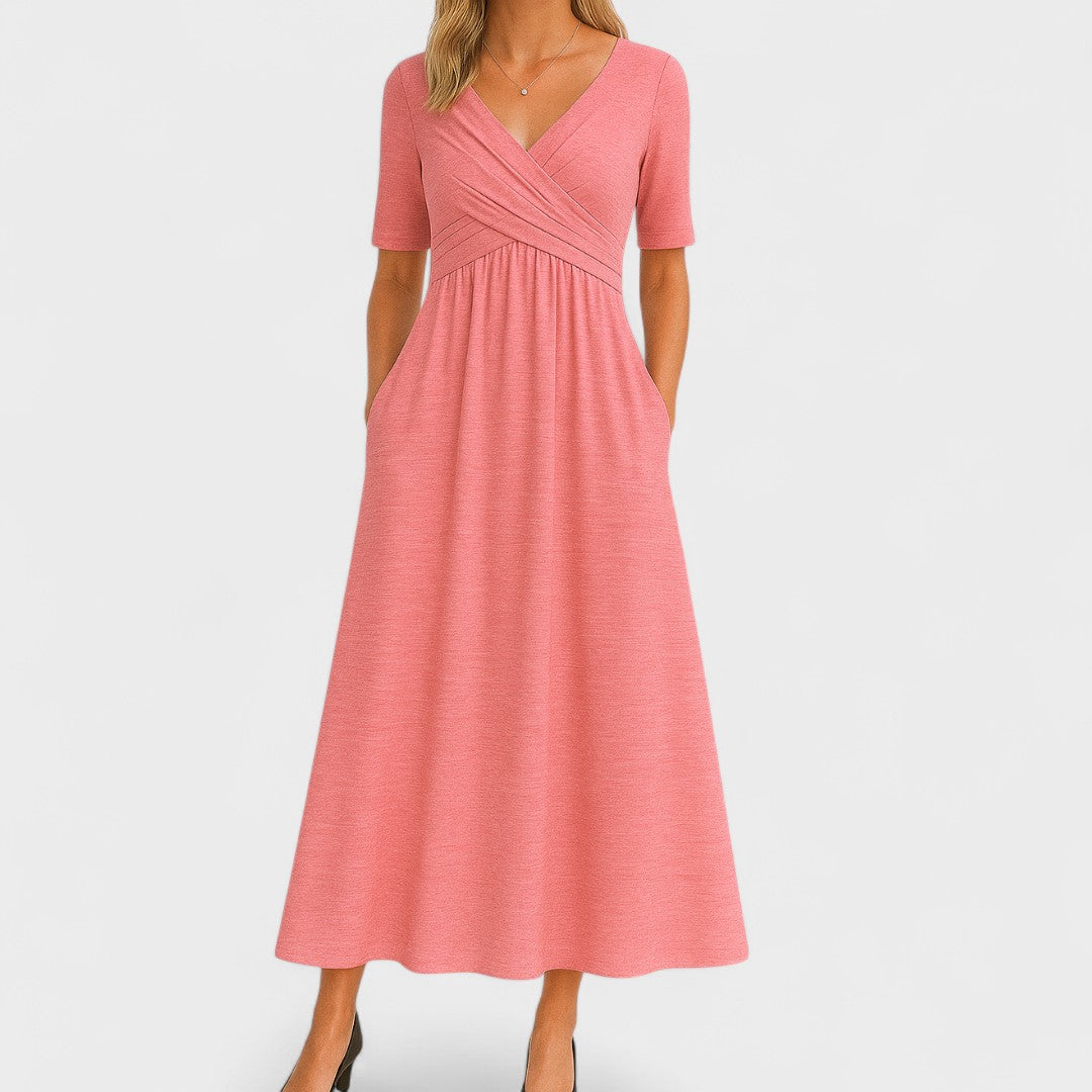 Women's Midi Dress with V-Neck, Chic Style