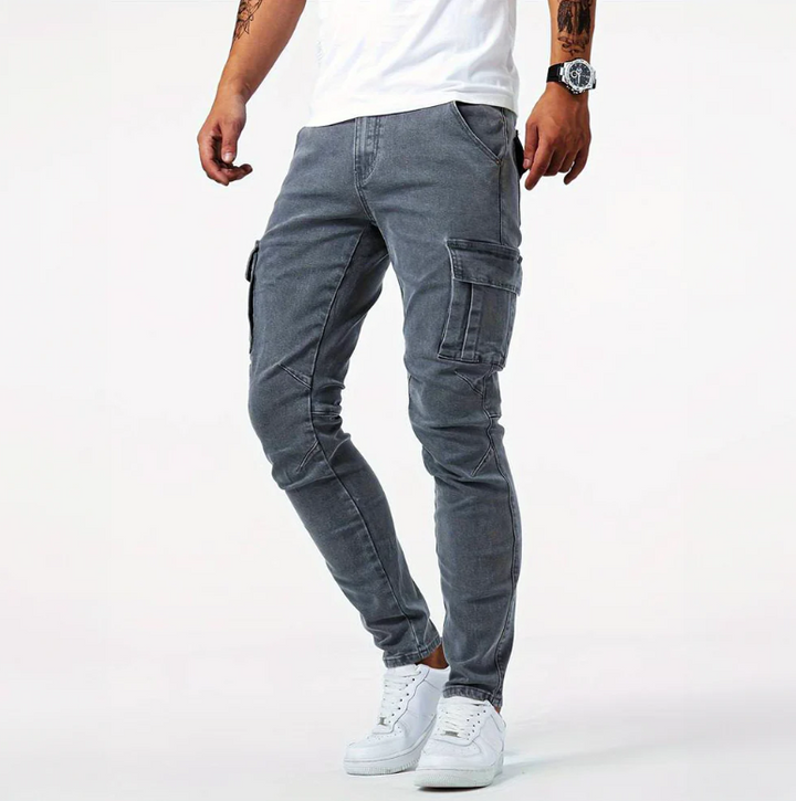 Men’s Cargo Skinny Jeans Stretch Denim Slim Fit Grey