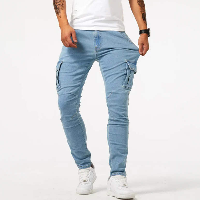 Men’s Cargo Skinny Jeans Stretch Denim Slim Fit Grey