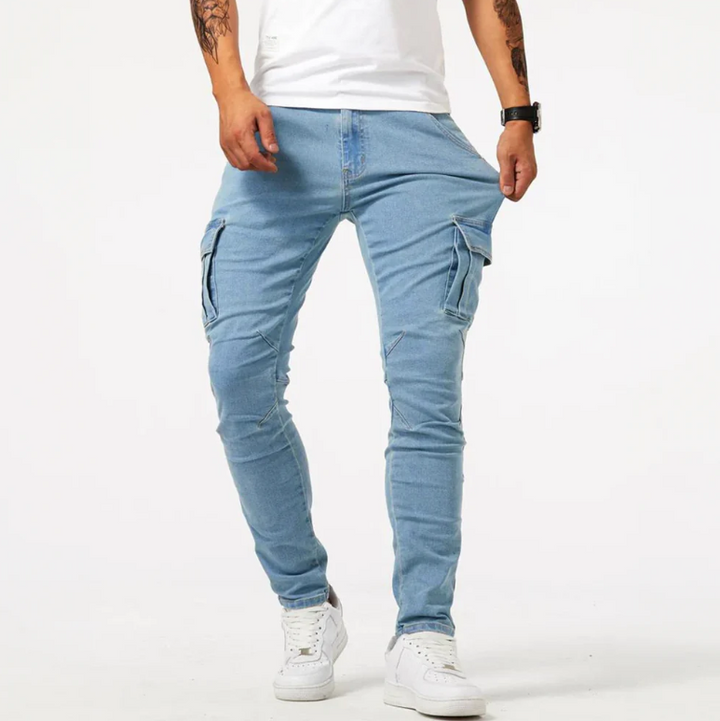 Men’s Cargo Skinny Jeans Stretch Denim Slim Fit Grey