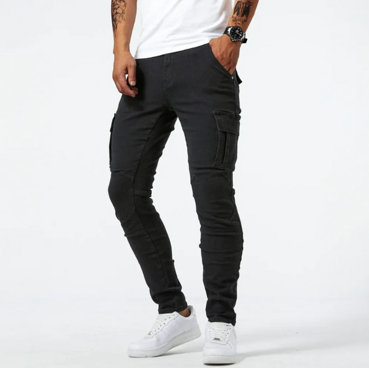 Men’s Cargo Skinny Jeans Stretch Denim Slim Fit Grey