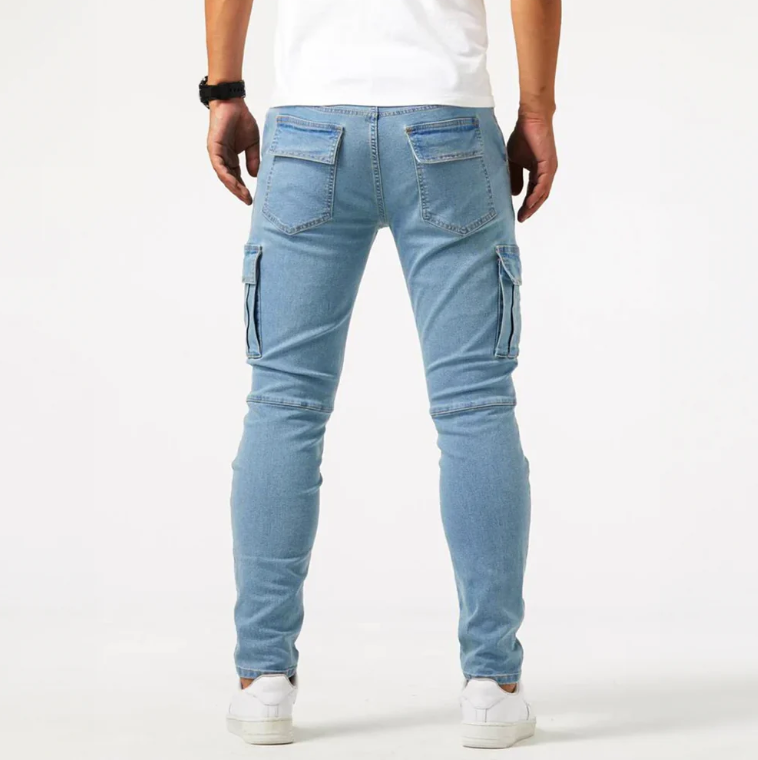 Men’s Cargo Skinny Jeans Stretch Denim Slim Fit Grey