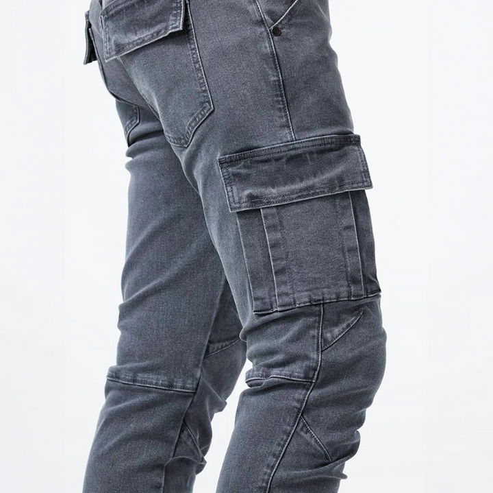 Men’s Cargo Skinny Jeans Stretch Denim Slim Fit Grey