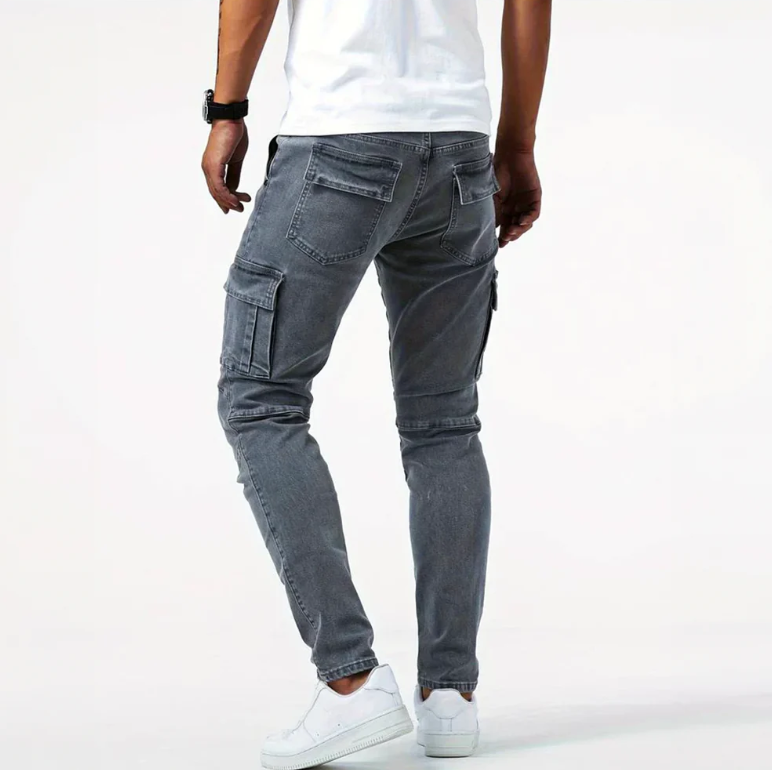 Men’s Cargo Skinny Jeans Stretch Denim Slim Fit Grey