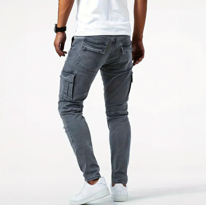 Men’s Cargo Skinny Jeans Stretch Denim Slim Fit Grey