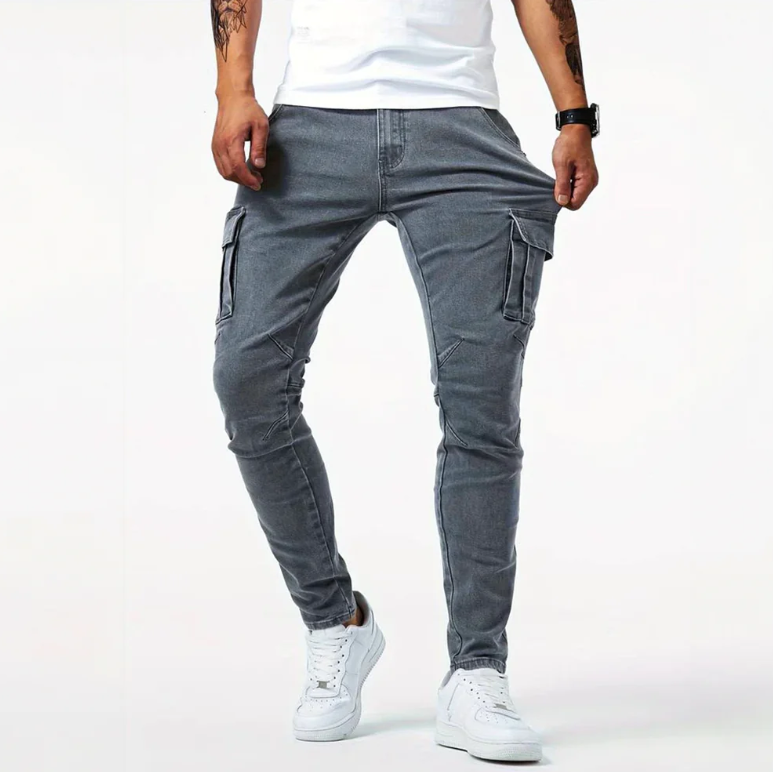 Men’s Cargo Skinny Jeans Stretch Denim Slim Fit Grey
