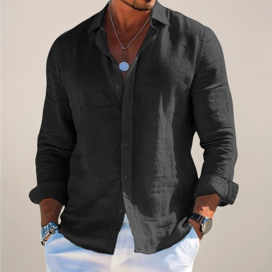 Men's Long Sleeve Casual Linen Shirt - Solid Colour Button-Up