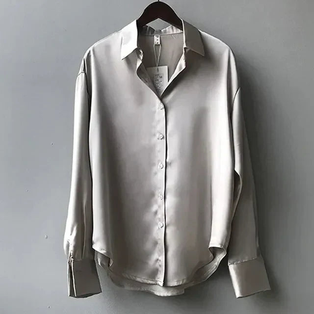 Women's Long Sleeve Satin Button Down Blouse