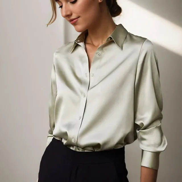 Women's Long Sleeve Satin Button Down Blouse