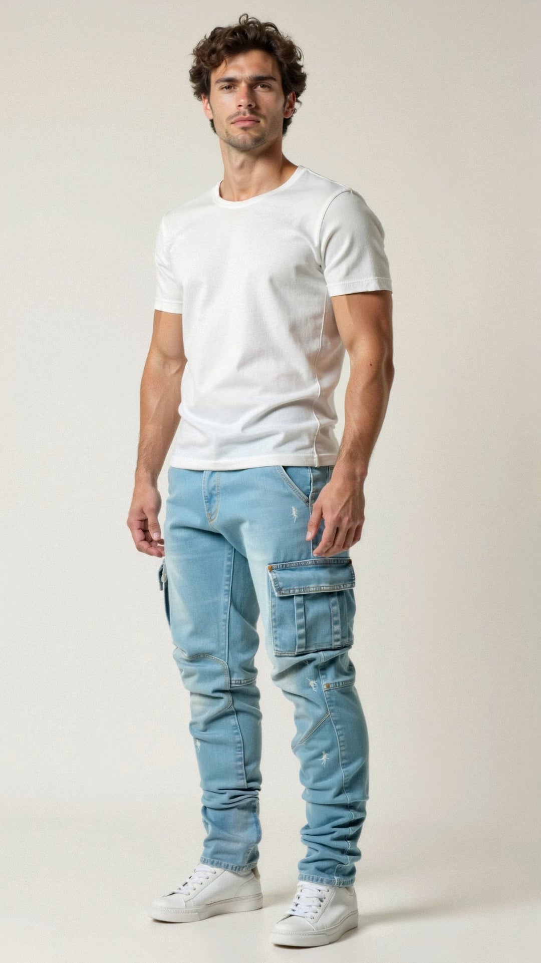 Men’s Stretch Cargo Jeans Slim Fit Multiple Pockets