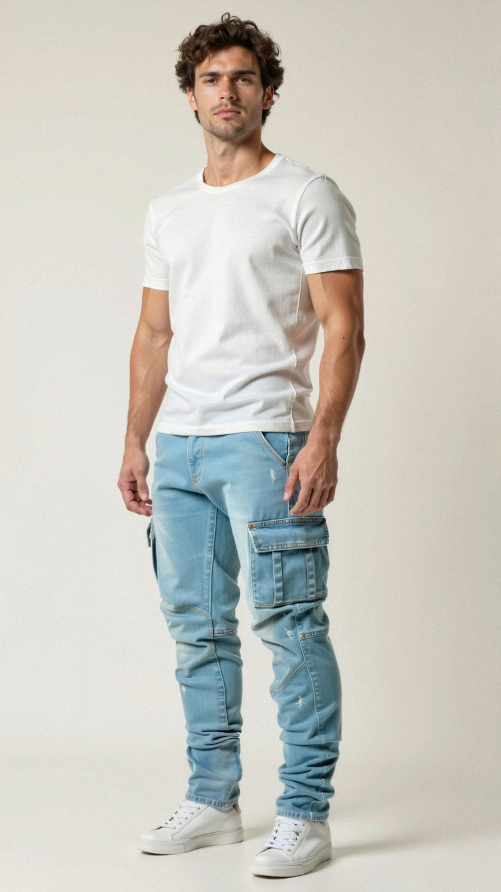 Men’s Stretch Cargo Jeans Slim Fit Multiple Pockets