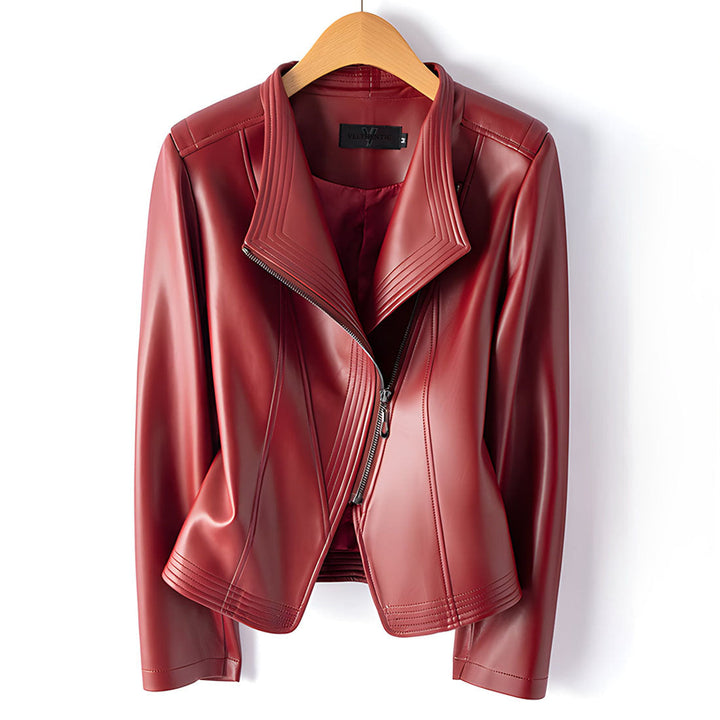 Women leather moto jacket asymmetric zip tailored fit